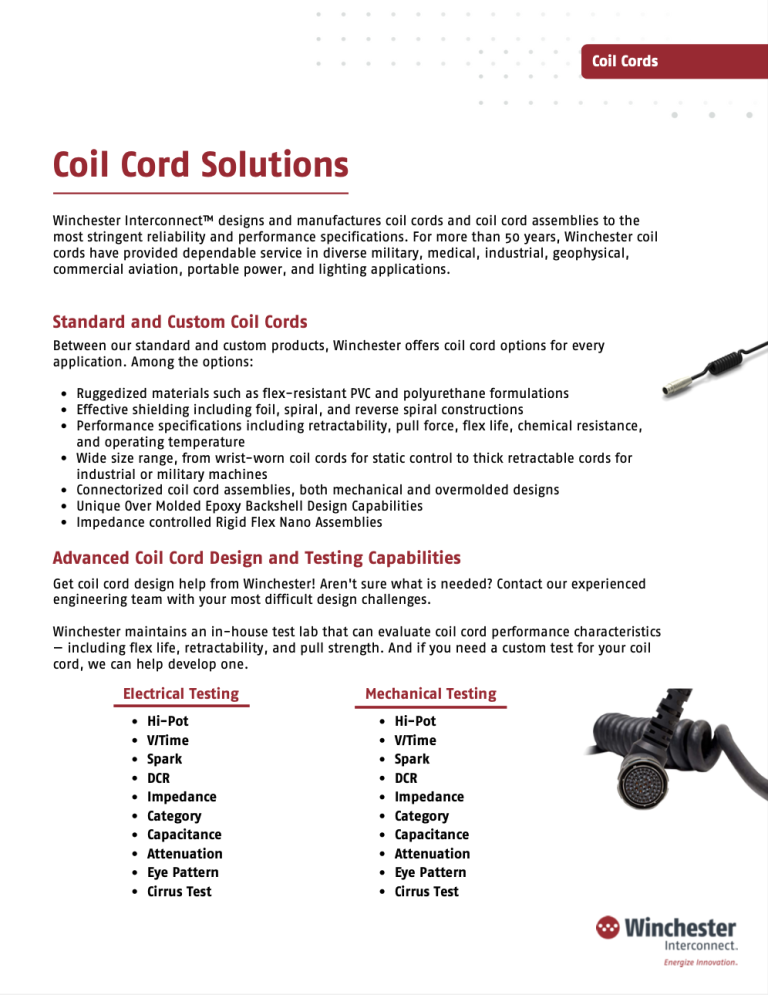 A PDF of Coil Cord Solutions provided by Winchester Interconnect