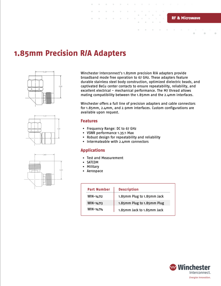 1.85mm Precision R/A Adapter description and part number
